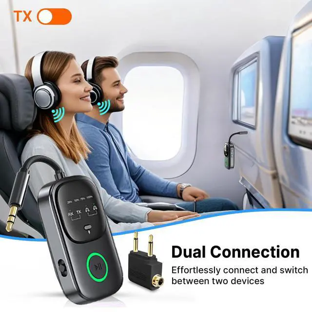 Alt view image 4 of 7 - Bluetooth 5.4 Transmitter Receiver, 2-in-1 Wireless Audio Adapter for Airplane, TV, Car & Home Stereo, Connect 2 AirPods or Headphones, 3.5mm AUX Bluetooth Adapter with LED Display & Mic