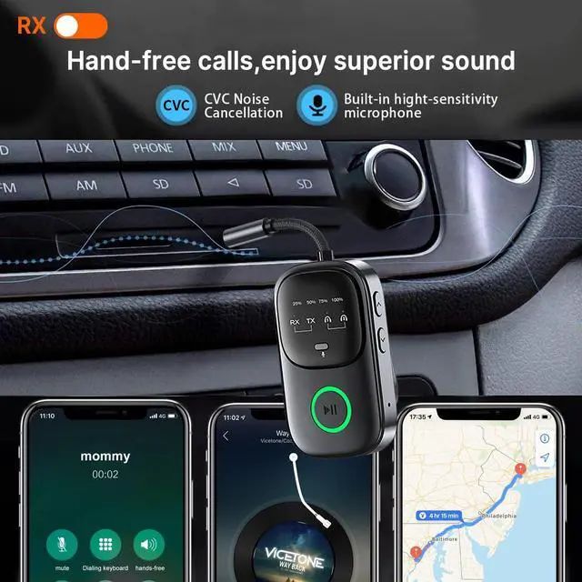Alt view image 5 of 7 - Bluetooth 5.4 Transmitter Receiver, 2-in-1 Wireless Audio Adapter for Airplane, TV, Car & Home Stereo, Connect 2 AirPods or Headphones, 3.5mm AUX Bluetooth Adapter with LED Display & Mic