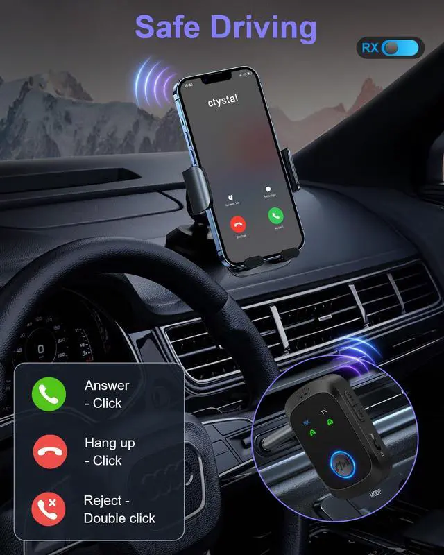 Alt view image 3 of 7 - Bluetooth 5.4 Transmitter Receiver, 2-in-1 Wireless Audio Adapter Supports 2 Headphones, Hands-Free Calls, 11.5H RX/10H TX, 3.5mm Bluetooth AUX Adapter for Car Airplane Speakers TV Travel