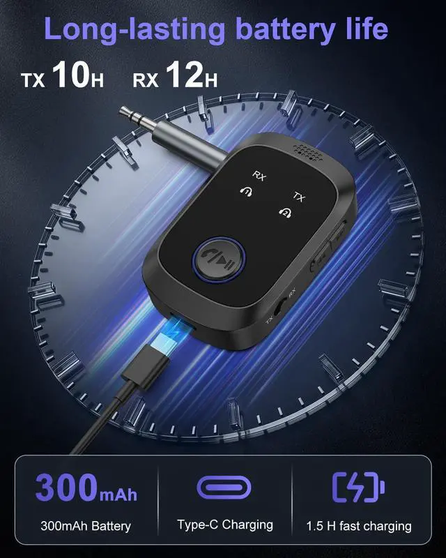 Alt view image 6 of 7 - Bluetooth 5.4 Transmitter Receiver, 2-in-1 Wireless Audio Adapter Supports 2 Headphones, Hands-Free Calls, 11.5H RX/10H TX, 3.5mm Bluetooth AUX Adapter for Car Airplane Speakers TV Travel