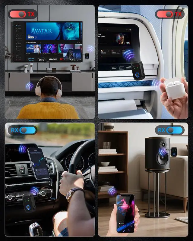 Alt view image 5 of 7 - Bluetooth 5.4 Transmitter Receiver, 2-in-1 Wireless Audio Adapter Supports 2 Headphones, Hands-Free Calls, 11.5H RX/10H TX, 3.5mm Bluetooth AUX Adapter for Car Airplane Speakers TV Travel
