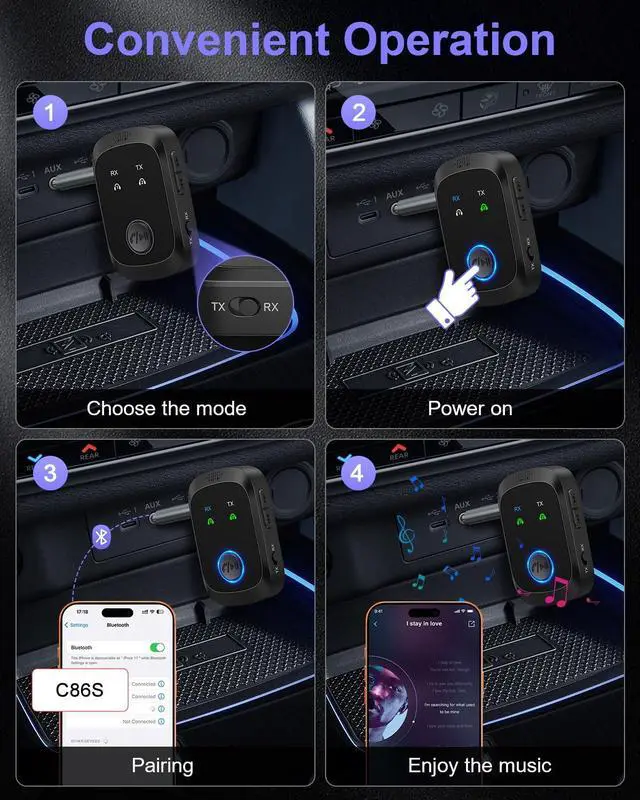 Alt view image 7 of 7 - Bluetooth 5.4 Transmitter Receiver, 2-in-1 Wireless Audio Adapter Supports 2 Headphones, Hands-Free Calls, 11.5H RX/10H TX, 3.5mm Bluetooth AUX Adapter for Car Airplane Speakers TV Travel