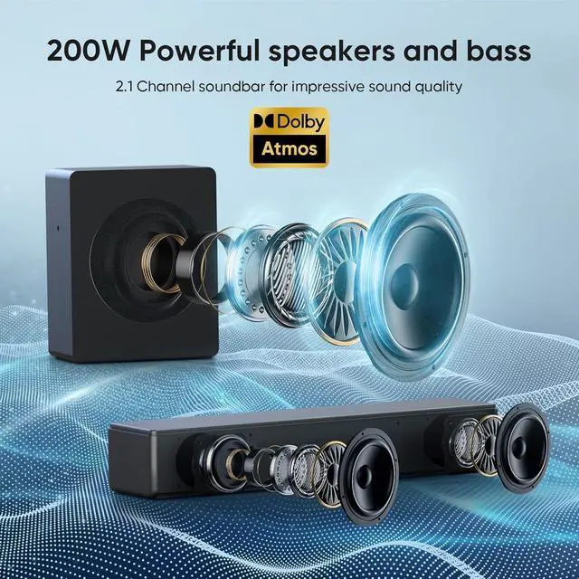 Alt view image 3 of 7 - Sound bar with subwoofer, 100W 2.1 ch soundbar w/Dolby Atmos Surround Sound System, 3D Bass Adjustable Home Theater Bluetooth TV Speaker for Smart TV/Projector/PC