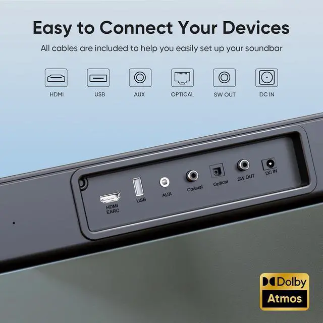 Alt view image 5 of 7 - Sound bar with subwoofer, 100W 2.1 ch soundbar w/Dolby Atmos Surround Sound System, 3D Bass Adjustable Home Theater Bluetooth TV Speaker for Smart TV/Projector/PC