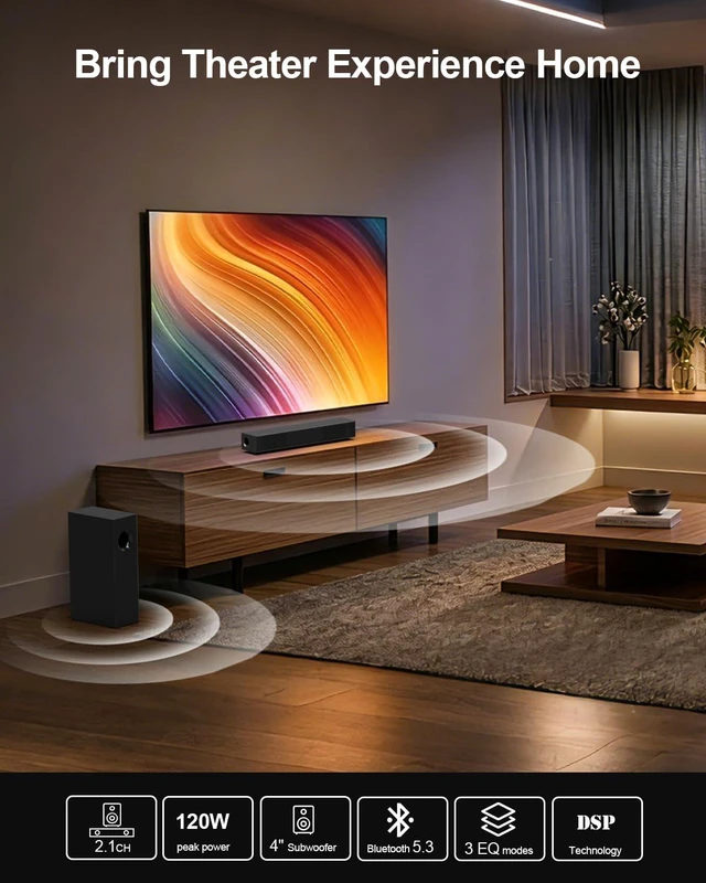 Alt view image 2 of 7 - 120W Sound Bar, 2.1 ch Surround Sound System for TV, Soundbar with Subwoofer for Home Theater, Sound Bar for Smart TV with 2 Mid high Frequency Speaker, TV/Gaming/Projectors, Wall Mountable