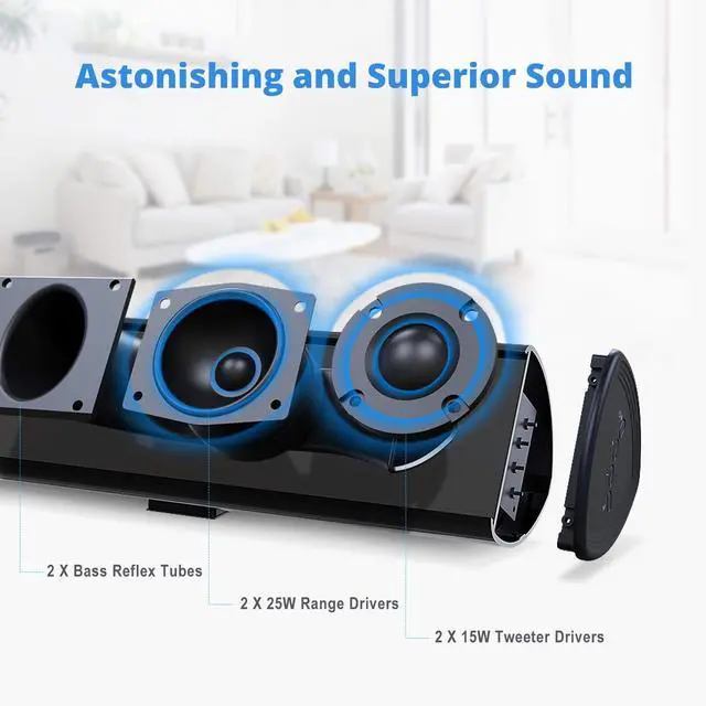 Alt view image 2 of 7 - 80 Watt Soundbar, Sound Bars for TV of Home Theater System (Bluetooth 5.0, 34 inch, DSP, Strong Bass, Wireless Wired Connections, Bass Adjustable, Wall Mountable)