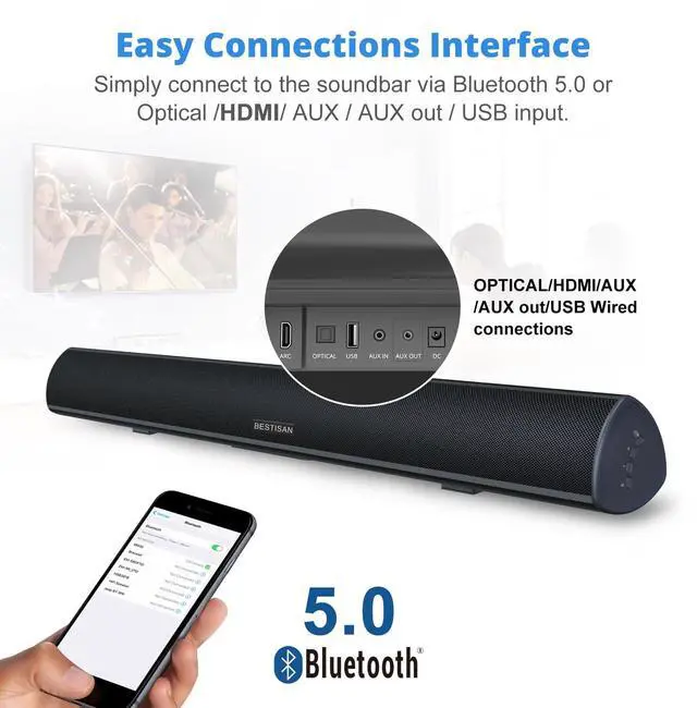 Alt view image 4 of 7 - 80 Watt Soundbar, Sound Bars for TV of Home Theater System (Bluetooth 5.0, 34 inch, DSP, Strong Bass, Wireless Wired Connections, Bass Adjustable, Wall Mountable)