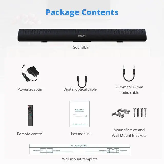 Alt view image 7 of 7 - 80 Watt Soundbar, Sound Bars for TV of Home Theater System (Bluetooth 5.0, 34 inch, DSP, Strong Bass, Wireless Wired Connections, Bass Adjustable, Wall Mountable)