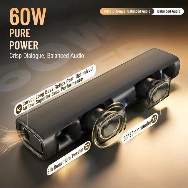 Alt view image 2 of 6 - Sound Bar for Smart TV, 60W Deep Bass Soundbar with Clear Voice