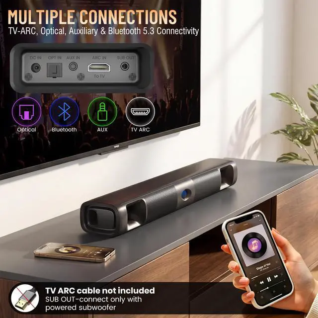 Alt view image 4 of 6 - Sound Bar for Smart TV, 60W Deep Bass Soundbar with Clear Voice