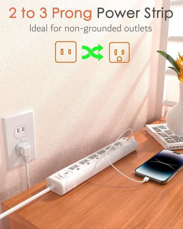 Alt view image 2 of 7 - 2 Prong Power Strip, 2 Prong to 3 Prong Outlet Adapter | 1680J Surge Protector, 5ft Extension Cord with Flat Plug Polarized Plug, 6 AC & 3 USB, Wall Mountable, Ideal for Old House
