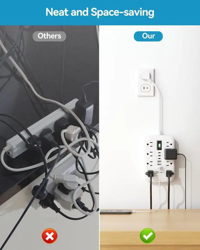 Alt view image 3 of 7 - Short Extension Cord 1 ft - 2 Prong Power Strip 1700J Appliance Surge Protetor with 15A 8 Outlets 6 USB (5V/4.8A 24W) Charging Ports, Multi Plug Wall Outlet Extender for Home Office Dorm Roomc, White