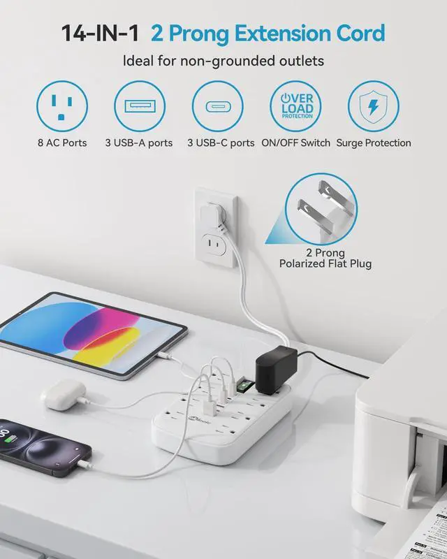 Alt view image 4 of 7 - Short Extension Cord 1 ft - 2 Prong Power Strip 1700J Appliance Surge Protetor with 15A 8 Outlets 6 USB (5V/4.8A 24W) Charging Ports, Multi Plug Wall Outlet Extender for Home Office Dorm Roomc, White