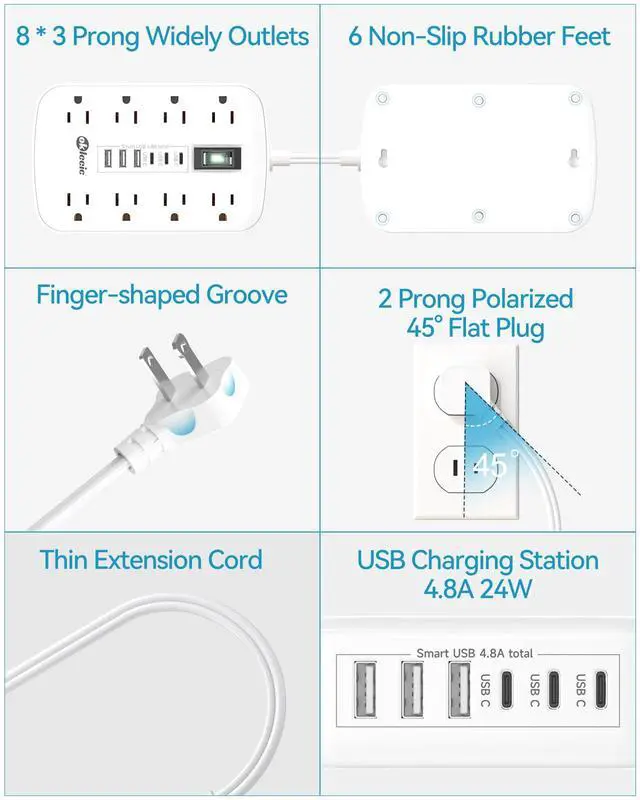 Alt view image 7 of 7 - Short Extension Cord 1 ft - 2 Prong Power Strip 1700J Appliance Surge Protetor with 15A 8 Outlets 6 USB (5V/4.8A 24W) Charging Ports, Multi Plug Wall Outlet Extender for Home Office Dorm Roomc, White