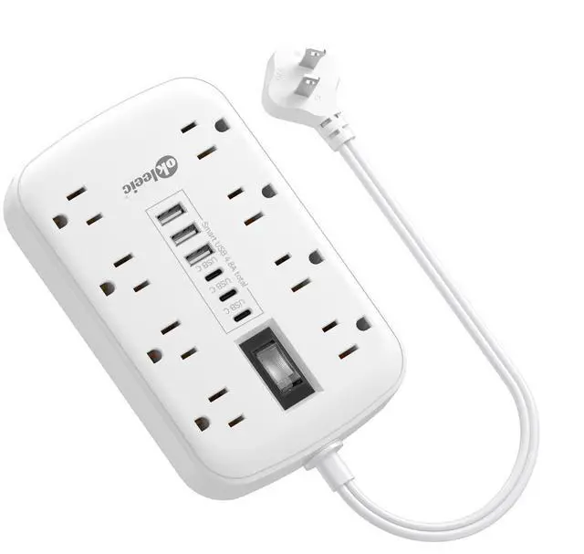 Main image of Short Extension Cord 1 ft - 2 Prong Power Strip 1700J Appliance Surge Protetor with 15A 8 Outlets 6 USB (5V/4.8A 24W) Charging Ports, Multi Plug Wall Outlet Extender for Home Office Dorm Roomc, White