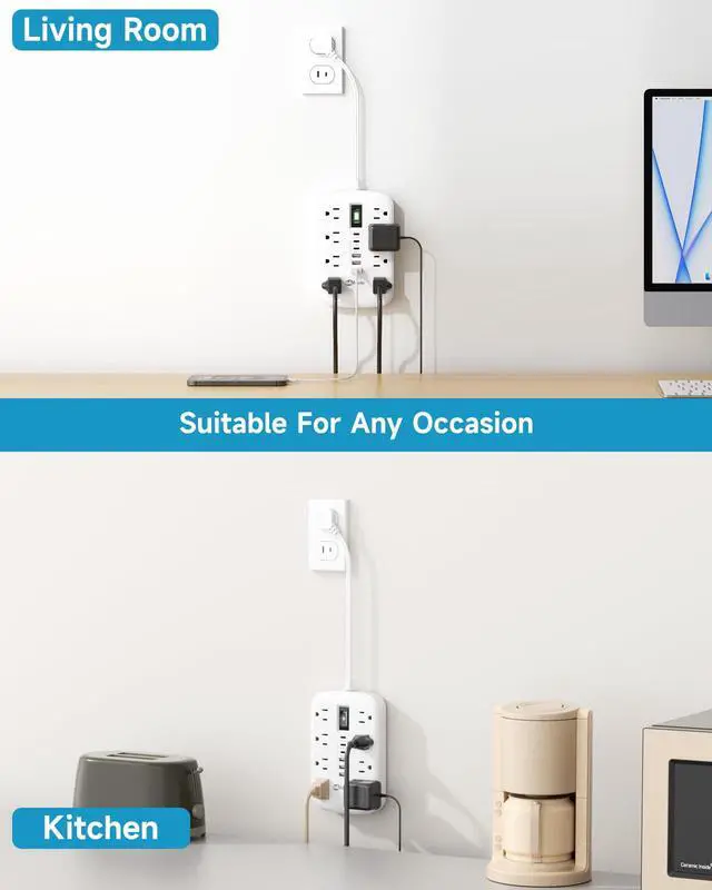 Alt view image 2 of 7 - Short Extension Cord 1 ft - 2 Prong Power Strip 1700J Appliance Surge Protetor with 15A 8 Outlets 6 USB (5V/4.8A 24W) Charging Ports, Multi Plug Wall Outlet Extender for Home Office Dorm Roomc, White