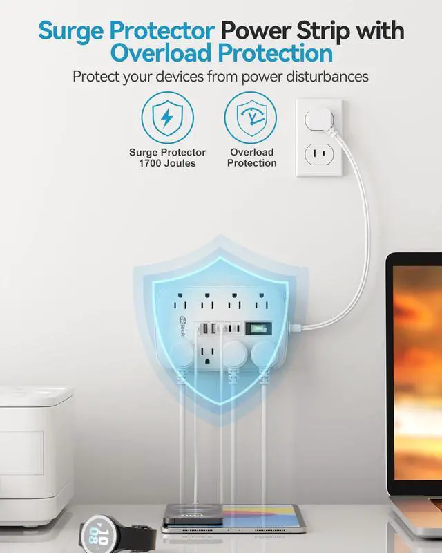 Alt view image 6 of 7 - Short Extension Cord 1 ft - 2 Prong Power Strip 1700J Appliance Surge Protetor with 15A 8 Outlets 6 USB (5V/4.8A 24W) Charging Ports, Multi Plug Wall Outlet Extender for Home Office Dorm Roomc, White