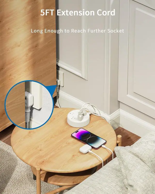 Alt view image 7 of 7 - 2 Prong Power Strip with USB-C, 1875W/15A, 180° Rotating Plug, Two Prong Power Strip, 2 Prong to 3 Prong Outlet Adapter, 3 Outlets 4 USB, Extension Cord 5 feet, Ideal for Old House