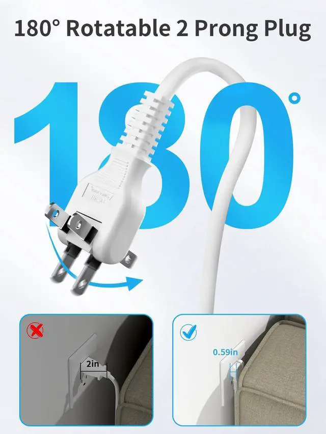 Alt view image 3 of 7 - 2 Prong Power Strip with USB-C, 1875W/15A, 180° Rotating Plug, Two Prong Power Strip, 2 Prong to 3 Prong Outlet Adapter, 3 Outlets 4 USB, Extension Cord 5 feet, Ideal for Old House