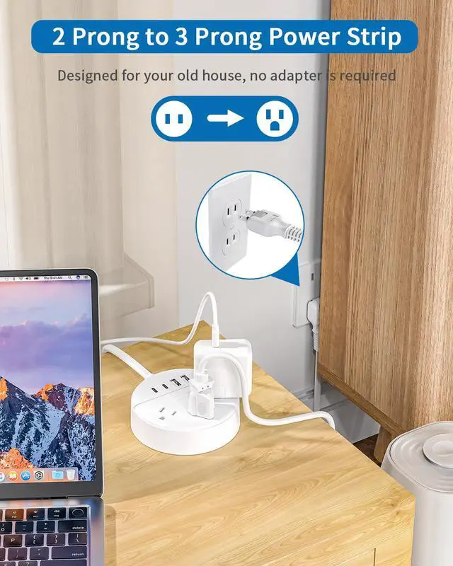 Alt view image 2 of 7 - 2 Prong Power Strip with USB-C, 1875W/15A, 180° Rotating Plug, Two Prong Power Strip, 2 Prong to 3 Prong Outlet Adapter, 3 Outlets 4 USB, Extension Cord 5 feet, Ideal for Old House