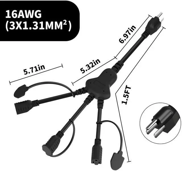 Alt view image 7 of 7 - 3 Way Power Extension Cord Y Splitter Cable 1.5 Ft-3 Prong 1 to 3 Extension Cord-Multi OutletsETL-SJTW 16 Gauge 13 A/125 V for Lighting, Landscaping & Holiday Decorations-Black-1PK