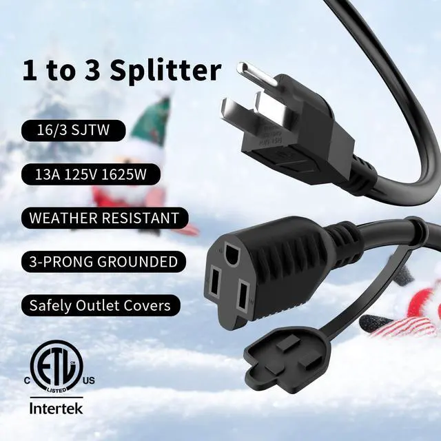 Alt view image 6 of 7 - 3 Way Power Extension Cord Y Splitter Cable 1.5 Ft-3 Prong 1 to 3 Extension Cord-Multi OutletsETL-SJTW 16 Gauge 13 A/125 V for Lighting, Landscaping & Holiday Decorations-Black-1PK