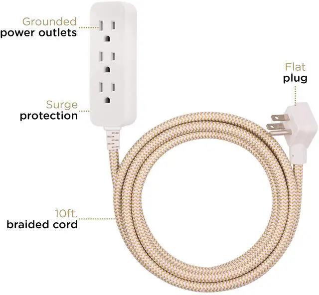 Alt view image 2 of 7 - 3 Outlet Power Strip Surge Protector Indoor Extension Cord 16 Gauge 245 Joules 10 Ft 3 Prong Braided Extension Cords Flat Extension Cord ETL Listed Brown 37916