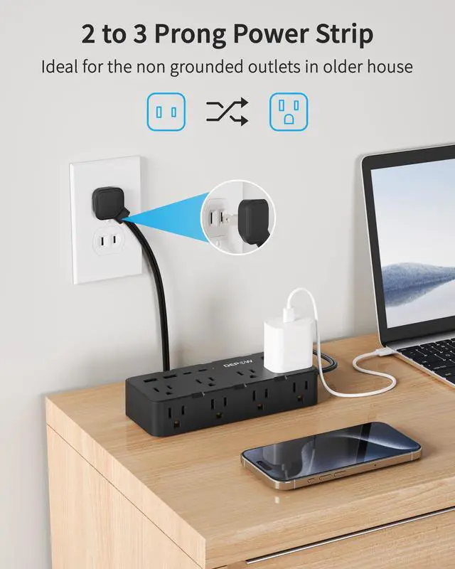 Alt view image 2 of 7 - Black 2 Prong Power Strip, 2 to 3 Prong Outlet Adapter with 8 AC & 4 USB Ports (2 USB C), 5 FT Extension Cord, 1700J Two Prong Surge Protector, Wall Mountable, Ideal for Old House
