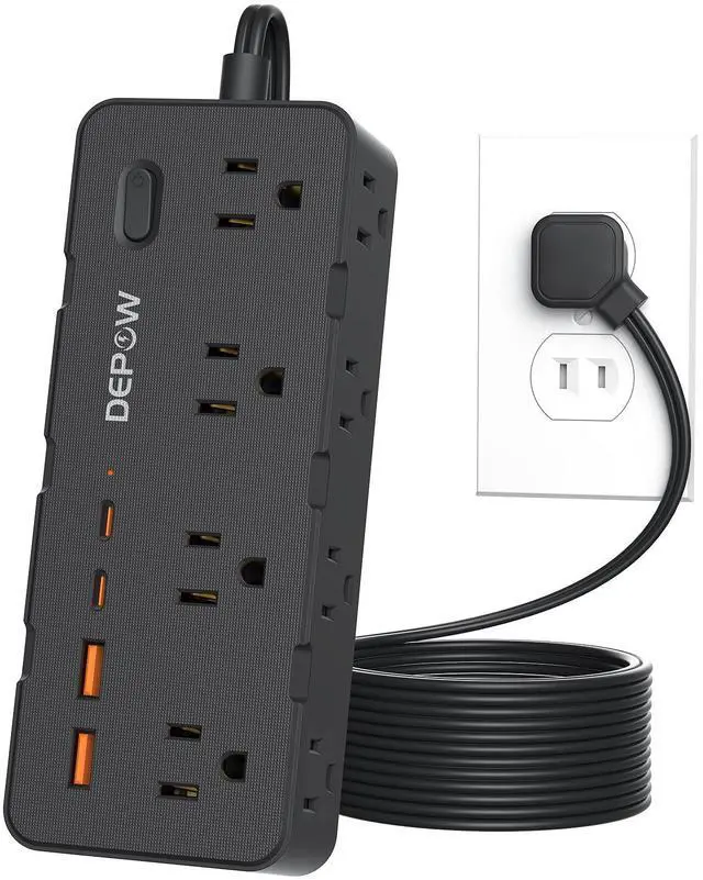 Main image of Black 2 Prong Power Strip, 2 to 3 Prong Outlet Adapter with 8 AC & 4 USB Ports (2 USB C), 5 FT Extension Cord, 1700J Two Prong Surge Protector, Wall Mountable, Ideal for Old House