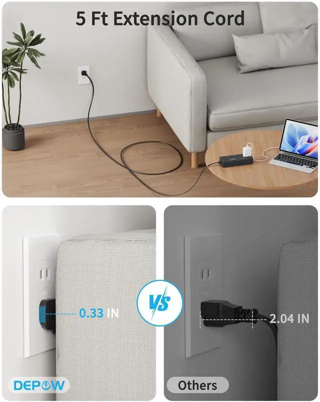 Alt view image 4 of 7 - Black 2 Prong Power Strip, 2 to 3 Prong Outlet Adapter with 8 AC & 4 USB Ports (2 USB C), 5 FT Extension Cord, 1700J Two Prong Surge Protector, Wall Mountable, Ideal for Old House
