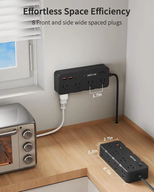 Alt view image 5 of 7 - Black 2 Prong Power Strip, 2 to 3 Prong Outlet Adapter with 8 AC & 4 USB Ports (2 USB C), 5 FT Extension Cord, 1700J Two Prong Surge Protector, Wall Mountable, Ideal for Old House