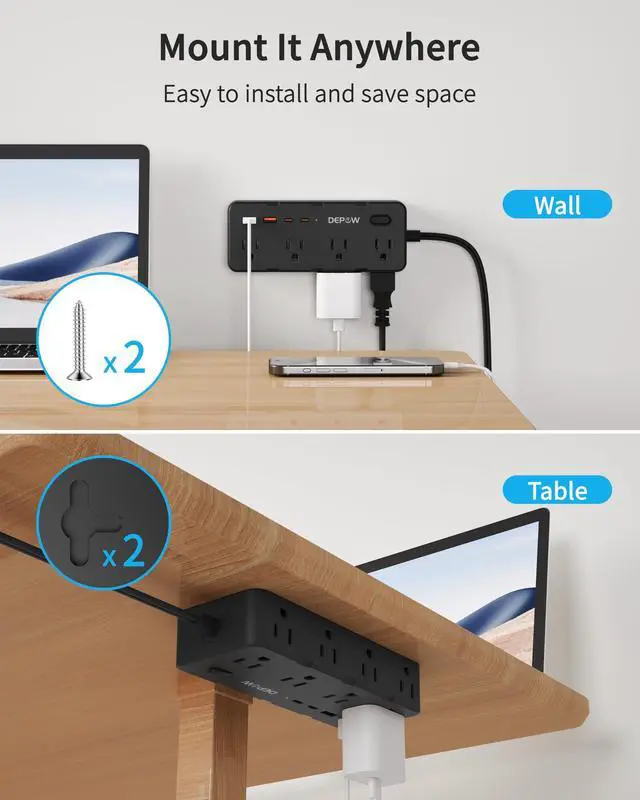 Alt view image 7 of 7 - Black 2 Prong Power Strip, 2 to 3 Prong Outlet Adapter with 8 AC & 4 USB Ports (2 USB C), 5 FT Extension Cord, 1700J Two Prong Surge Protector, Wall Mountable, Ideal for Old House