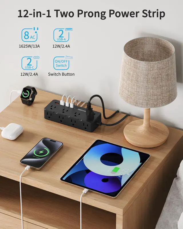 Alt view image 3 of 7 - Black 2 Prong Power Strip, 2 to 3 Prong Outlet Adapter with 8 AC & 4 USB Ports (2 USB C), 5 FT Extension Cord, 1700J Two Prong Surge Protector, Wall Mountable, Ideal for Old House