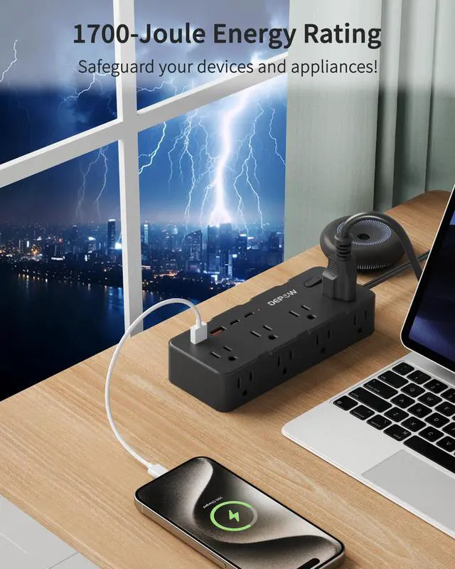 Alt view image 6 of 7 - Black 2 Prong Power Strip, 2 to 3 Prong Outlet Adapter with 8 AC & 4 USB Ports (2 USB C), 5 FT Extension Cord, 1700J Two Prong Surge Protector, Wall Mountable, Ideal for Old House