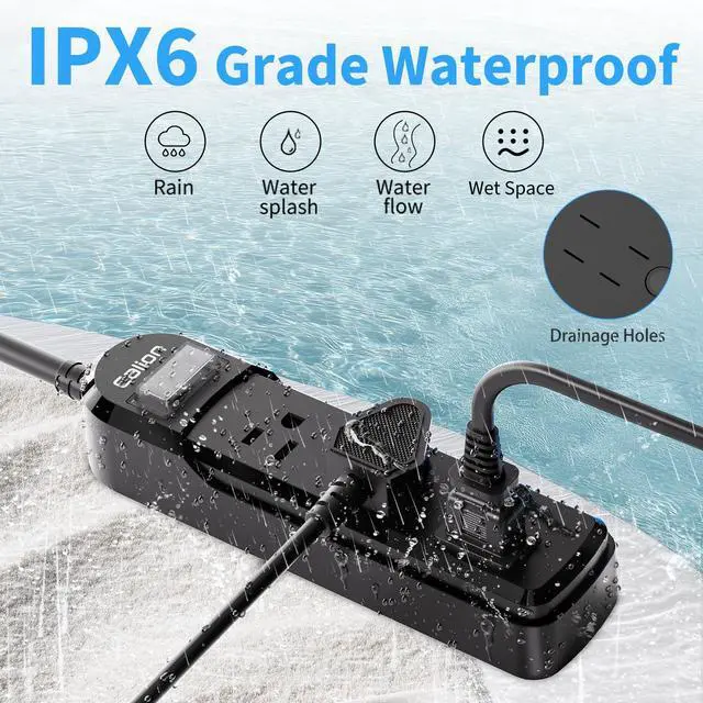 Alt view image 3 of 7 - IPX6 Waterproof Outdoor Overload Protection Power Strip, 3AC Outlets 3FT Cord with On/Off Power Switch Safety Lock ETL Certified for Patio Garden, Black