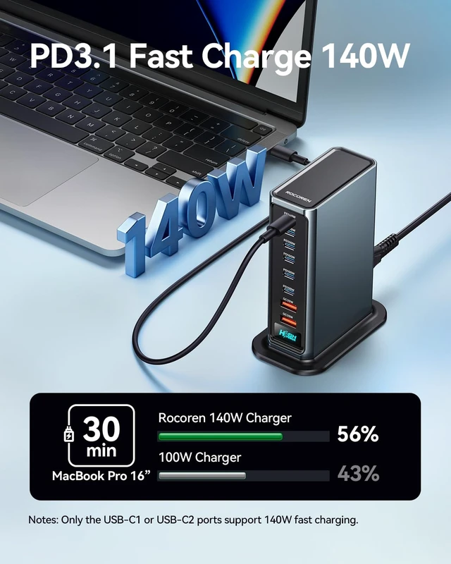 Alt view image 2 of 20 - Rocoren 720W GaN 8Port Charging Station,Dual PD 140W Fast Charger Block | MultiDevice Simultaneous Charging Hub,Compatible for Laptop,iPhone 17,MacBook Pro/Air,iPad & Samsung Electronic Devices