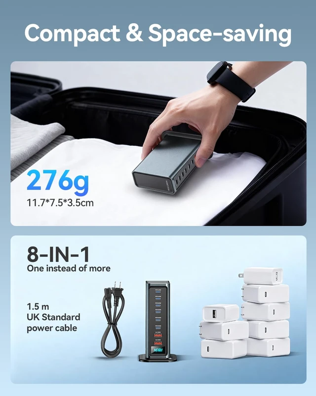 Alt view image 6 of 20 - Rocoren 720W GaN 8Port Charging Station,Dual PD 140W Fast Charger Block | MultiDevice Simultaneous Charging Hub,Compatible for Laptop,iPhone 17,MacBook Pro/Air,iPad & Samsung Electronic Devices