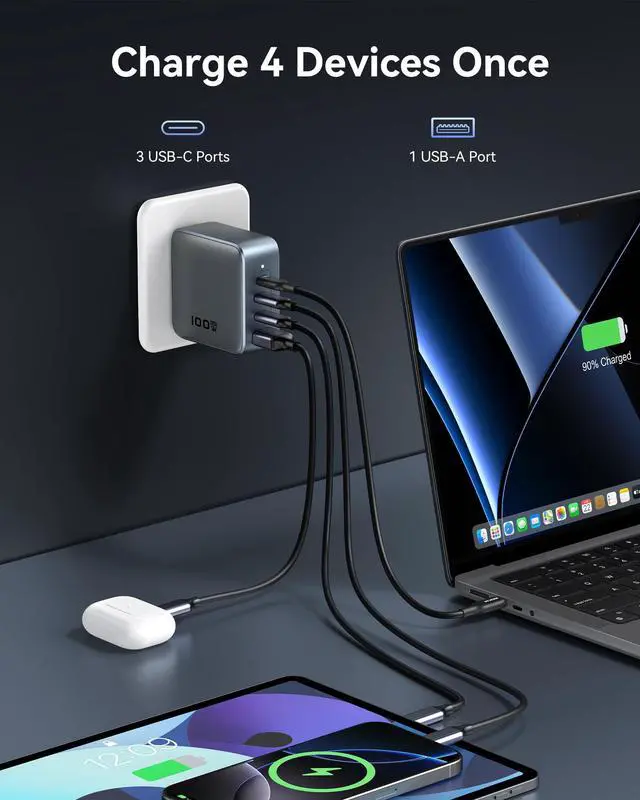 Alt view image 3 of 7 - 100W USB C Charger, Wall Charger Block 4-Port PD3.1 Foldable Compact PPS Fast Laptop Charger, GaN Power Adapter for MacBook Pro/Air, Dell XPS, iPhone 17/16 Pro, iPad Pro, Galaxy S25/S24, Steam Deck
