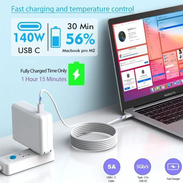 Alt view image 2 of 7 - Macbook Pro Charger 140w USB C Fast Charger Power Adapter with 10Ft Fast Charger Cable, Compatible MacBook Pro/Mac Book Pro 16 15 14 13 inch, Macbook Air 13 Inch,iPad Pro M1/M2/M3,and All USB C Device