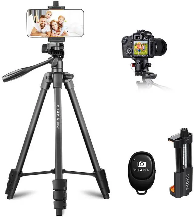 Main image of 55" Phone Tripod, PHOPIK Aluminum Extendable Tripod Stand with Shutter, Carrying Bag, Compatible with iPhone/Android/Sport Camera&Insta 360 x5 Perfect for Video Recording/Selfies/Live Stream/Vlogging