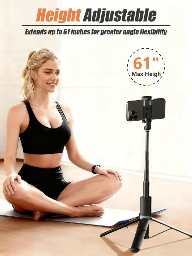 Alt view image 3 of 7 - 61'' Tall Tripod for iPhone - Selfie Stick Tripod All in One Selfie Stick with Wireless Remote, Lightweight Phone Stand for Video Recording/Vlog/Live Stream/Photo Compatible with All Smartphones