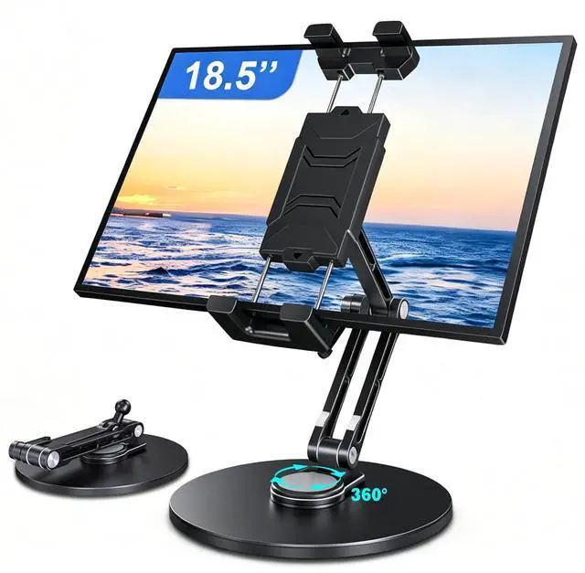 Main image of Portable Monitor Stand, Aluminum iPad Stand for Desk with Large Clamp up to 18.5" Monitor, Tablet Arm Holder with Heavy Duty 360° Rotating Base for 4.7"-13" Tablets, iPad Pro/Air/Mini