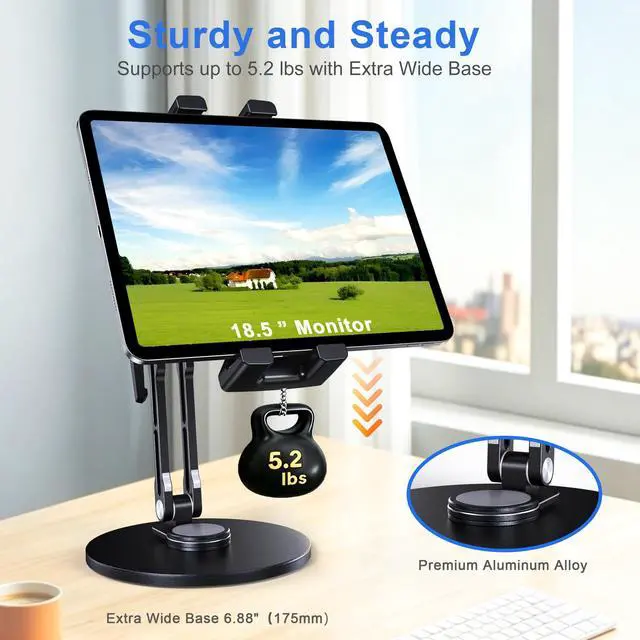 Alt view image 3 of 7 - Portable Monitor Stand, Aluminum iPad Stand for Desk with Large Clamp up to 18.5" Monitor, Tablet Arm Holder with Heavy Duty 360° Rotating Base for 4.7"-13" Tablets, iPad Pro/Air/Mini