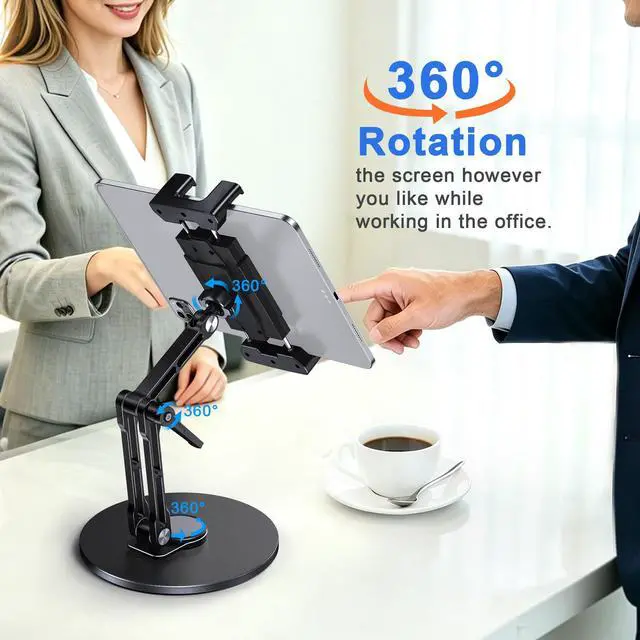 Alt view image 4 of 7 - Portable Monitor Stand, Aluminum iPad Stand for Desk with Large Clamp up to 18.5" Monitor, Tablet Arm Holder with Heavy Duty 360° Rotating Base for 4.7"-13" Tablets, iPad Pro/Air/Mini