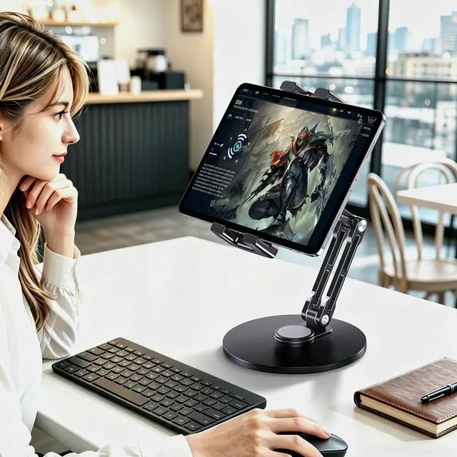 Alt view image 7 of 7 - Portable Monitor Stand, Aluminum iPad Stand for Desk with Large Clamp up to 18.5" Monitor, Tablet Arm Holder with Heavy Duty 360° Rotating Base for 4.7"-13" Tablets, iPad Pro/Air/Mini