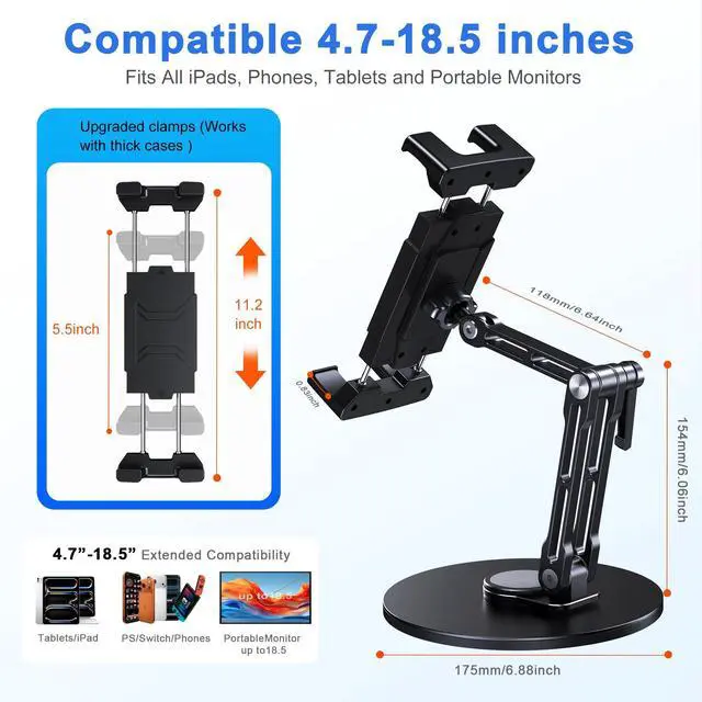 Alt view image 2 of 7 - Portable Monitor Stand, Aluminum iPad Stand for Desk with Large Clamp up to 18.5" Monitor, Tablet Arm Holder with Heavy Duty 360° Rotating Base for 4.7"-13" Tablets, iPad Pro/Air/Mini