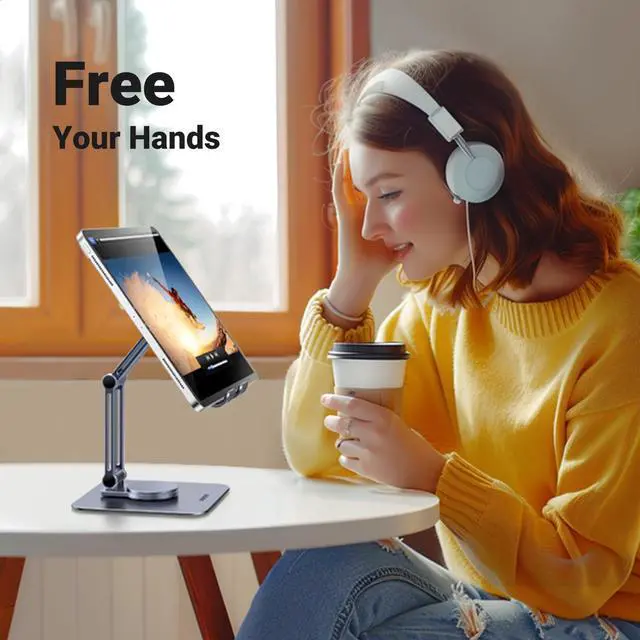 Alt view image 3 of 7 - Tablet Stand for Desk Swivel with 360° Rotating Base Tablet Holder Aluminum Portable Stand Adjustable Home Office Accessories Compatible with iPad Pro 11 Air Mini 6 5 Grey