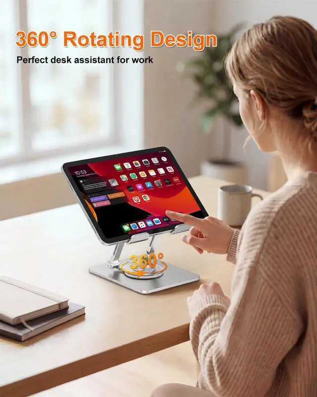 Alt view image 3 of 7 - iPad Stand Tablet Stand for Desk, 360° Rotating Aluminum Foldable Holder Stand, Portable Monitor Stand for 4.7-12.9" iPad Pro/Air/Mini, Kindle, Galaxy Tab (Silver)