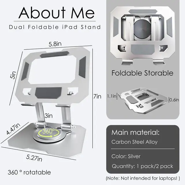 Alt view image 2 of 7 - Tablet Stand for iPad, 360° Rotating Desktop Holder, Carbon Steel Adjustable Foldable Desk Holder for Home/Office, for Phone iPad Pro Air Samsung,for 4" -16" Tablets, Portable Upgraded - Silver