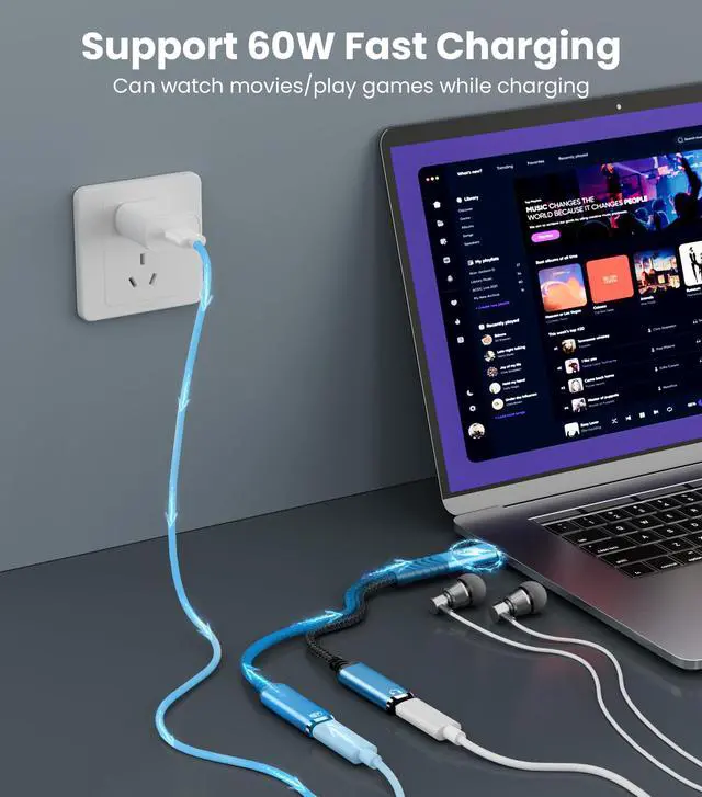 Alt view image 2 of 7 - USB C Splitter 1 in 2 Out, 32bit/384kHz Type C Splitter Headphone and Charger Adapter with PD 60W Fast Charging Support Call Music for iPhone 16/15 Series, iPad, MacBook and More